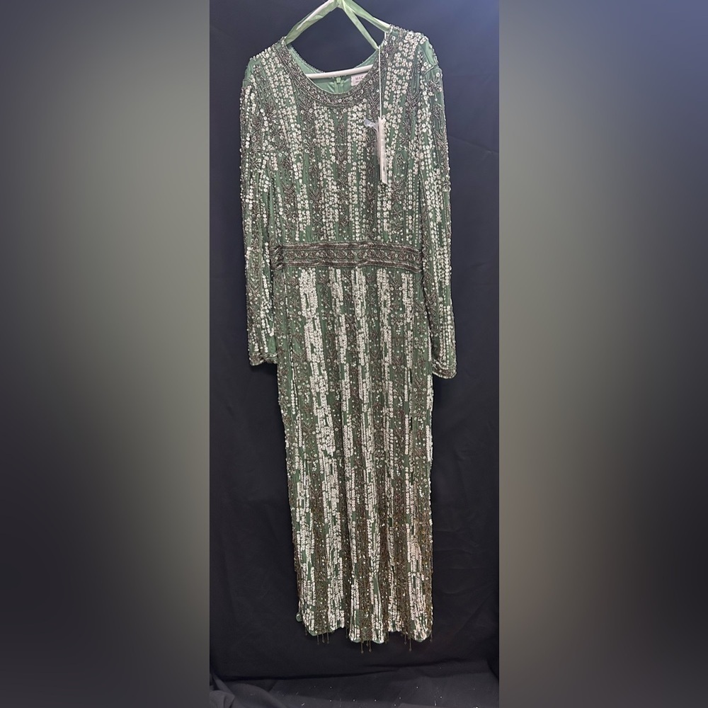 MAC DUGGAL 5981 NWT High Neck Long Sleeve Crystal Fringe Column Gown - Picture 4 of 6